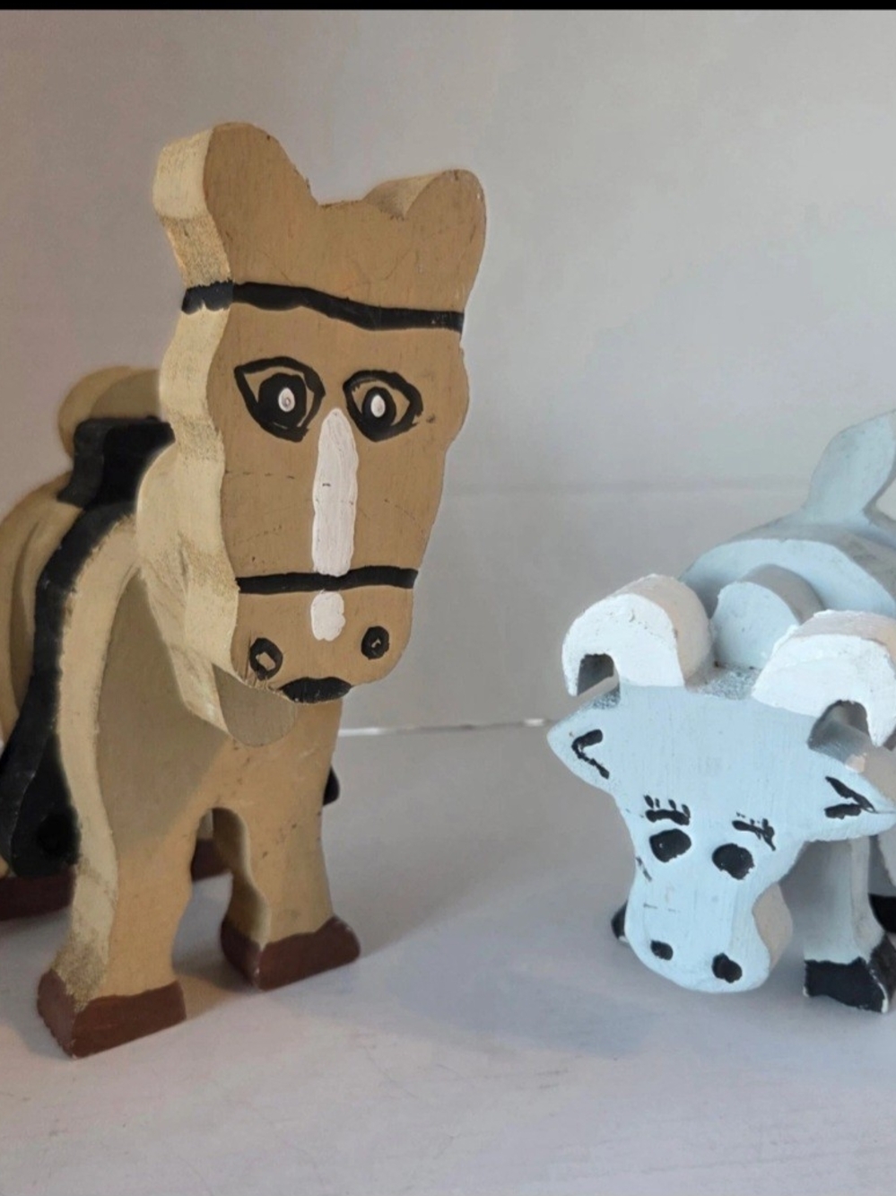 Hand-Painted Wooden Farm Animal Toy Set - Tan Horse and Light Blue Cow